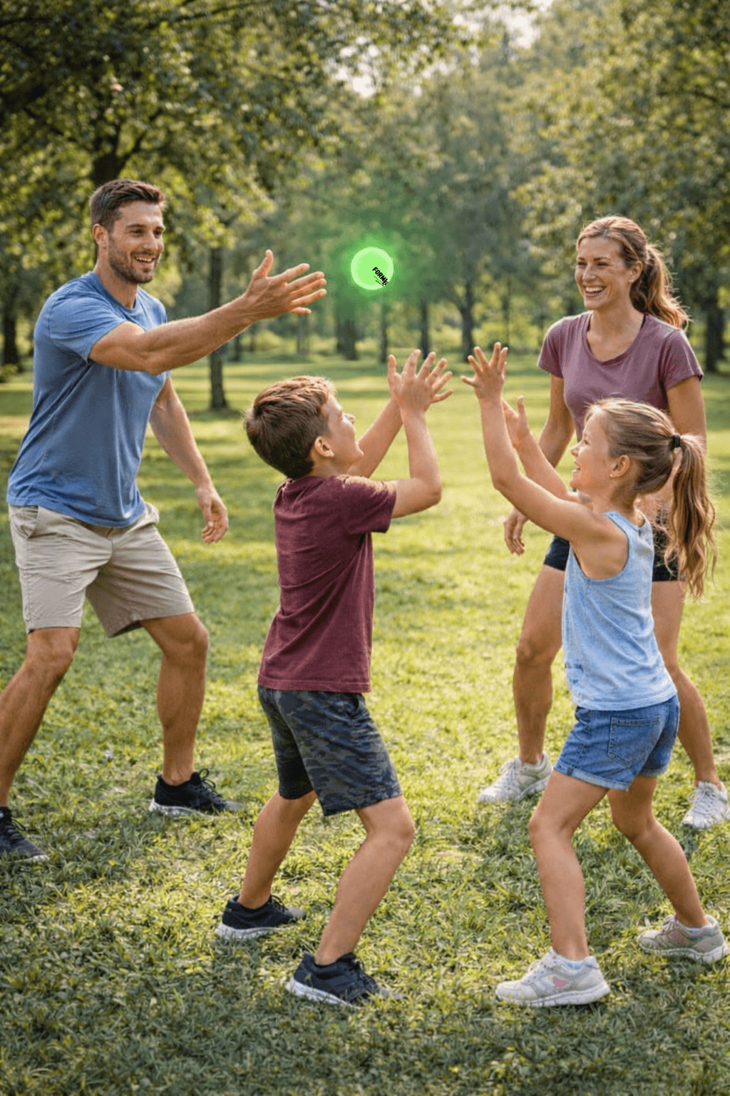 Famille jouant avec une balle lumineuse pour améliorer les réflexes et la coordination des enfants en extérieur