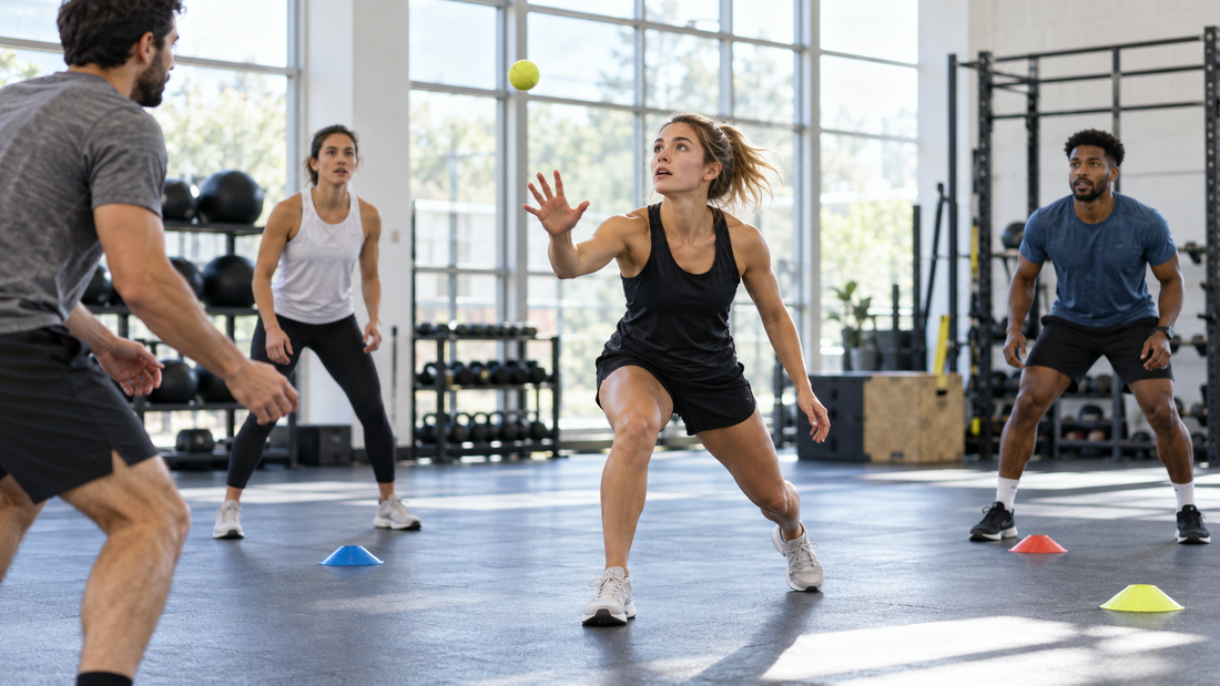 Groupe de sportifs pendant un exercice d’échauffement visuel en salle